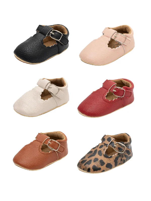 Men's metallic - accented fabric booties for a trendy edgeT-Strap Scalloped Buckle Shoes For Baby Girl