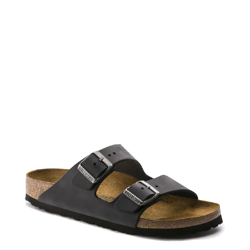 Men's sandals with a rubber sole for tractionBirkenstock Arizona Oiled Leather Soft Footbed Sandal in Black