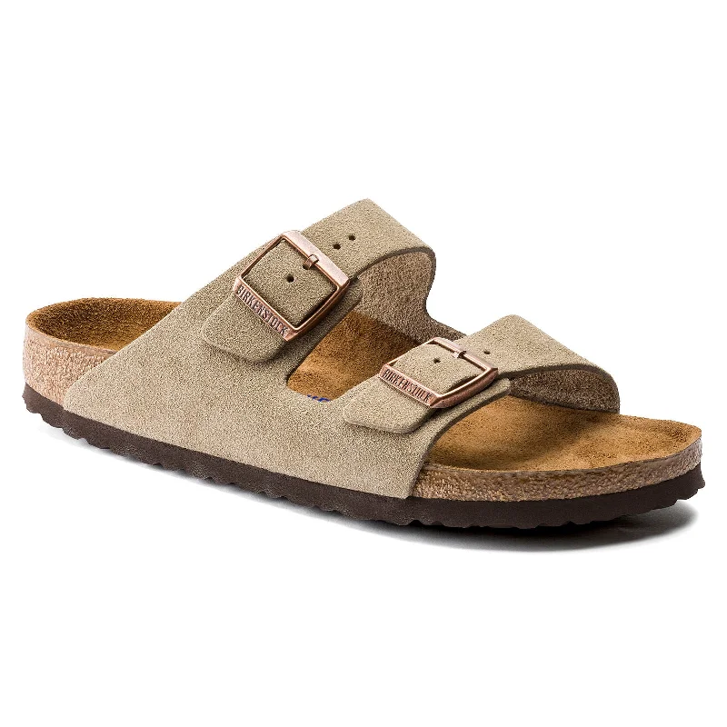 Men's sandals with a perforated leather upper for ventilationBIRKENSTOCK ARIZONA SOFT FOOTBED TAUPE SUEDE