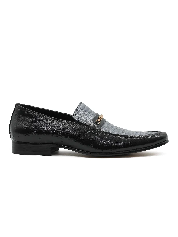 Men's loafers with a low - heeled designBLACK & BLUE LEATHER CROC PRINT LOAFERS