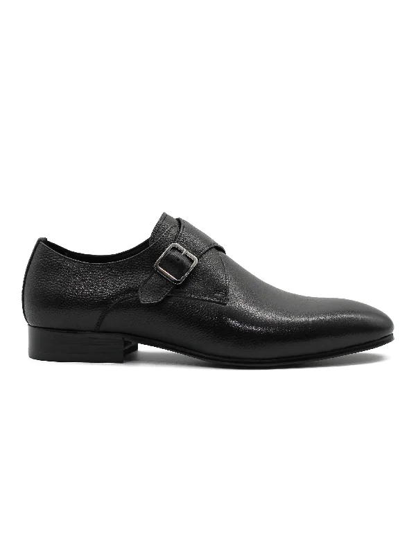 Slip - on men's loafers for easy wearBLACK GRAIN LEATHER MONK STRAP SHOES