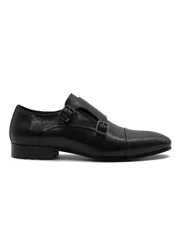 Men's loafers with a leather lining for comfortBLACK LEATHER DOUBLE MONK SHOES