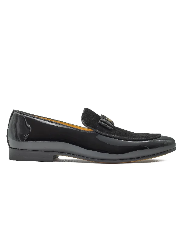 Men's leather loafers with a penny slotBLACK LEATHER SUEDE BELGIAN BOWTIE LOAFERS