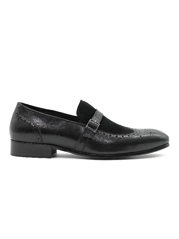 Men's loafers with a removable insole for cleaningBLACK LEATHER & SUEDE MONK STRAP BROUGES