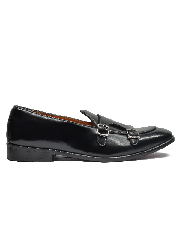 Slip - on men's loafers for easy wearBLACK POLISHED LEATHER DOUBLE MONK SHOES