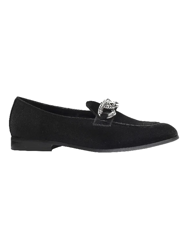 Men's loafers with a leather lining for comfortBLACK VELVET LOAFERS WITH DIAMOND CHAIN BUCKLE