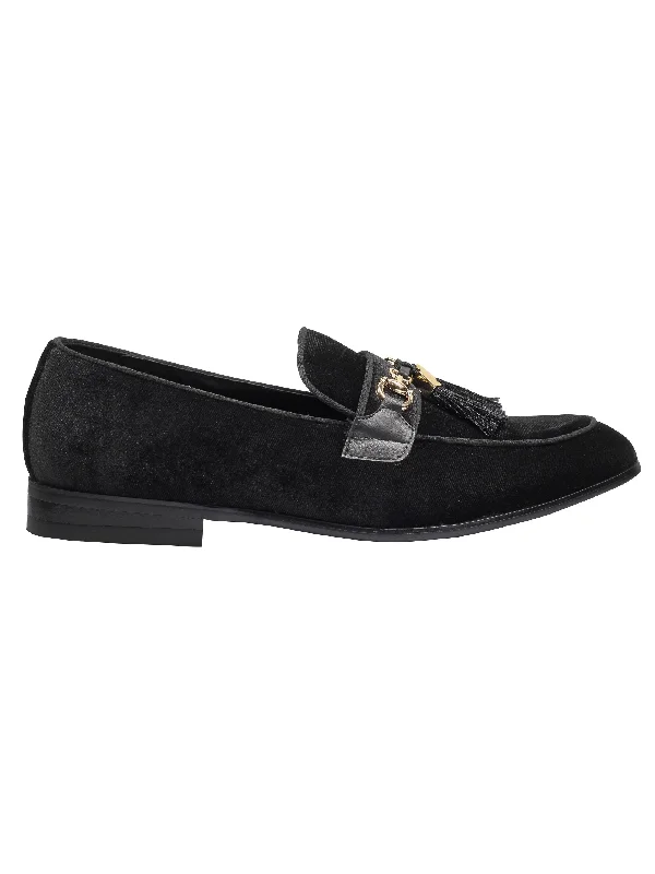 Suede men's loafers for a soft and luxurious feelBLACK VELVET TASSEL LOFERS METAL SNAFFLE BUCKLE