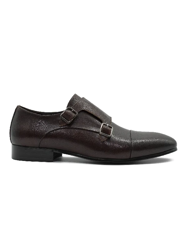 Men's loafers with a contrast stitching detailBROWN LEATHER DOUBLE MONK SHOES