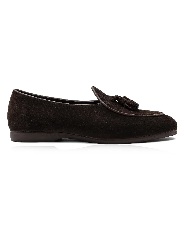 Men's loafers with a removable insole for cleaningBROWN SOFT SUEDE TASSEL SLIPPERS