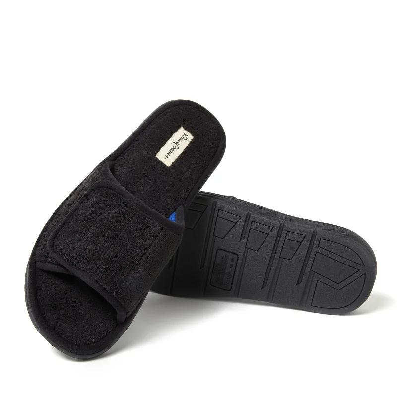 Men's sandals in a neutral color like black or brownDearfoams Men's Collin Terry Slide