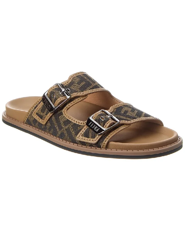 Men's sandals with a perforated leather upper for ventilationFENDI Feel FF Jacquard & Leather Sandal