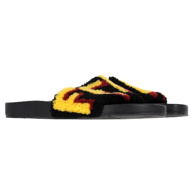 Men's leather sandals with an adjustable strapFendi Shearling Logo Slides in Black Rubber