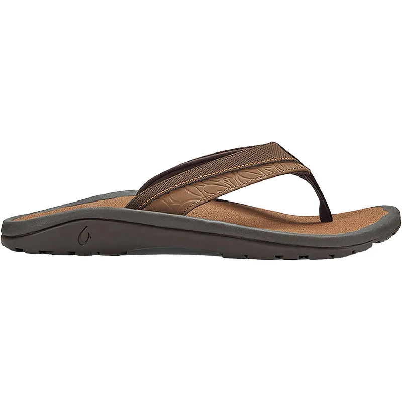 Men's sandals with a perforated leather upper for ventilationMen's OluKai Ohana Koa Espresso/Molten Orange Synthetic