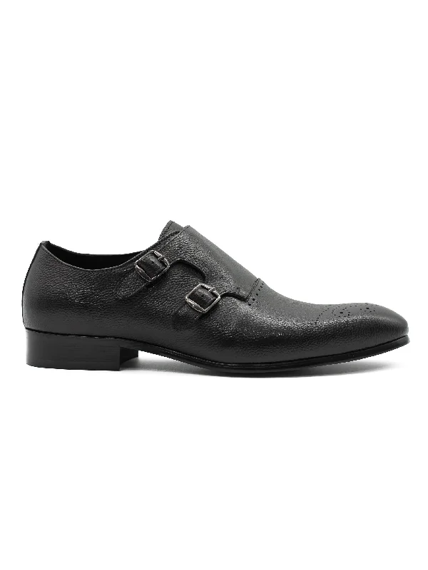 Slip - on men's loafers for easy wearBLACK GRAIN DOUBLE MONK SHOES