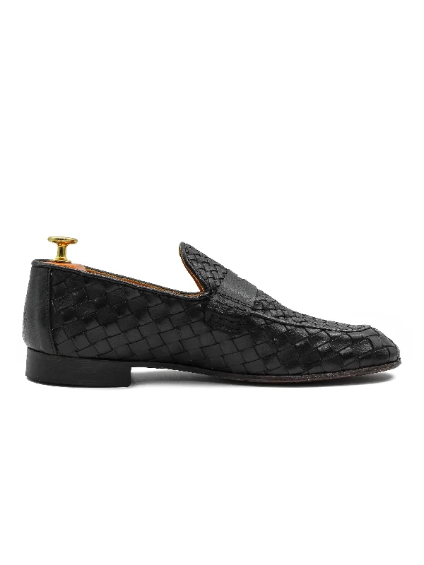 Men's loafers in a neutral color like black or brownROME 05 – BLACK ITALIAN CALF LEATHER WOVEN PENNY LOAFER