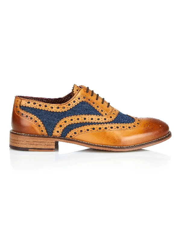 Men's loafers with a leather lacing systemTAN BLUE TWEED OXFORD BROGUES