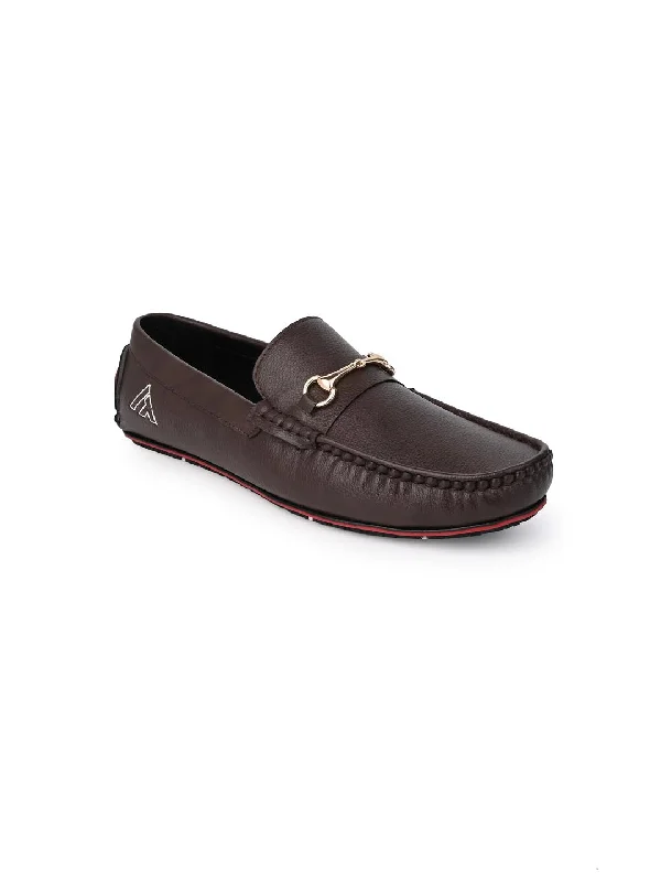 Men's casual shoes with a thick sole for added heightAlberto Torresi Brown Round Toe Loafers With Metal Accent