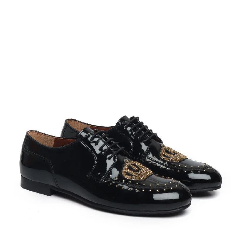 Men's Oxford shoes with a shock - absorbing insole and a leather liningBlack Patent Leather Lace-Up Shoes with Ethnic Studded Crown Zardosi by Brune & Bareskin