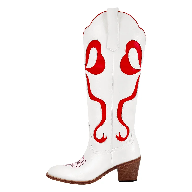 Men's cowboy boots with a tooled leather designWhite Pointed Toe Pink Bow Knee High Western Boots