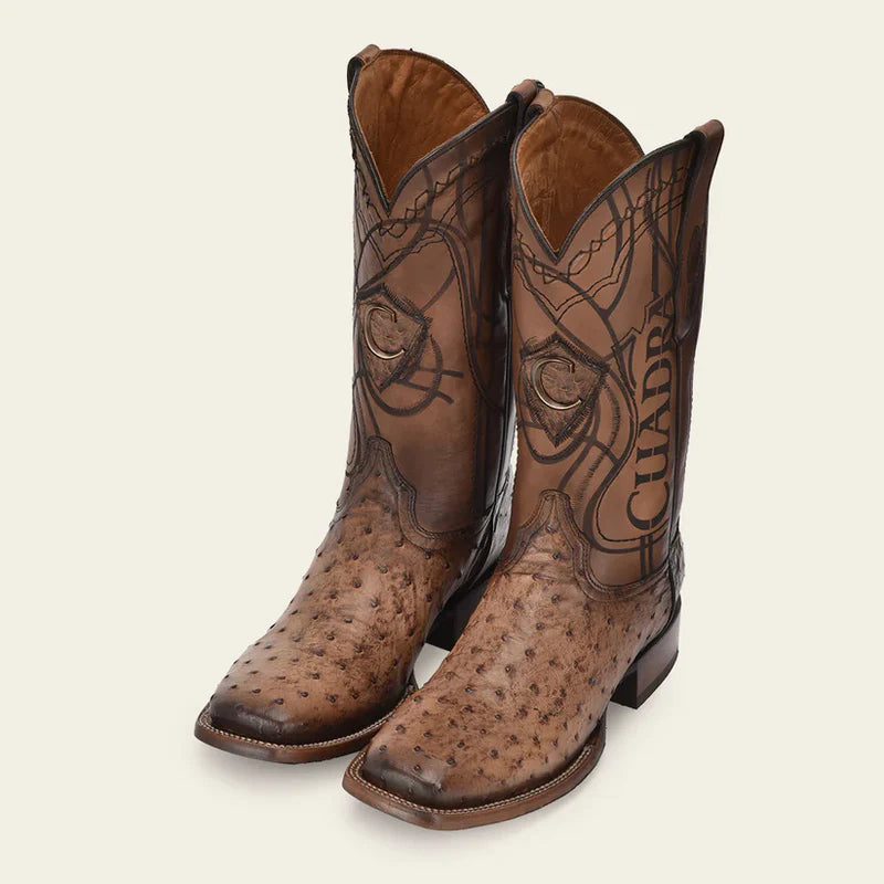 Men's cowboy boots with a high - heeled designCuadra Men's Ostrich Boots Lunge Brown