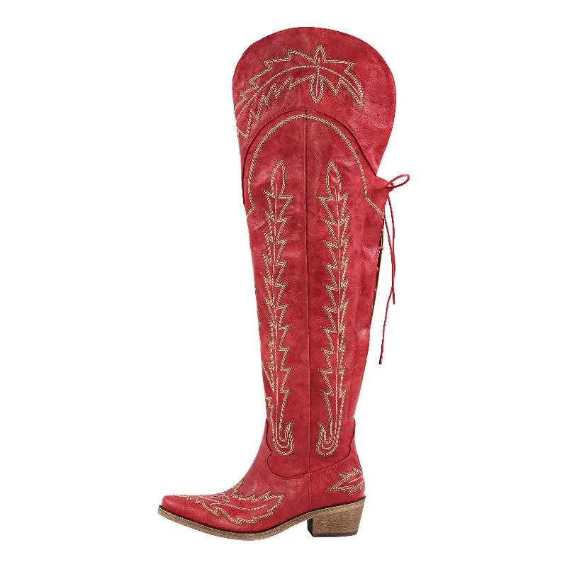 Men's cowboy boots with a leather sole for a classic lookEmbroidery Back Lace-up Over The Knee Western Boots