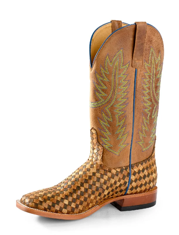 Men's cowboy boots with a concho belt detailHorse Power Mens Antique Bison Honey Crazyhorse Leather Cowboy Boots