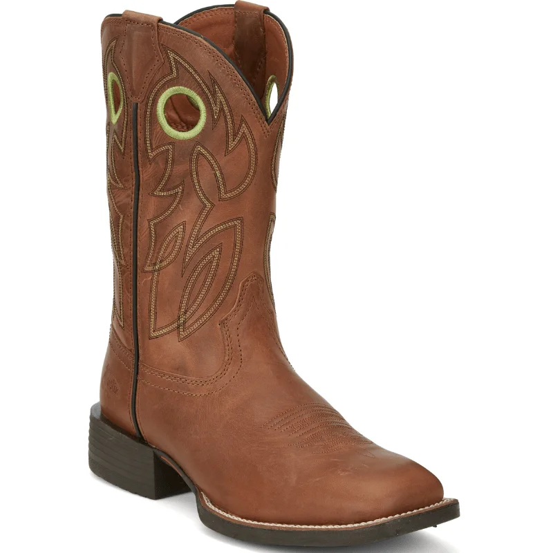 Men's cowboy boots with a tooled leather designJustin Men’s Bowline Hazel Brown Square Toe Western Boots SE7521