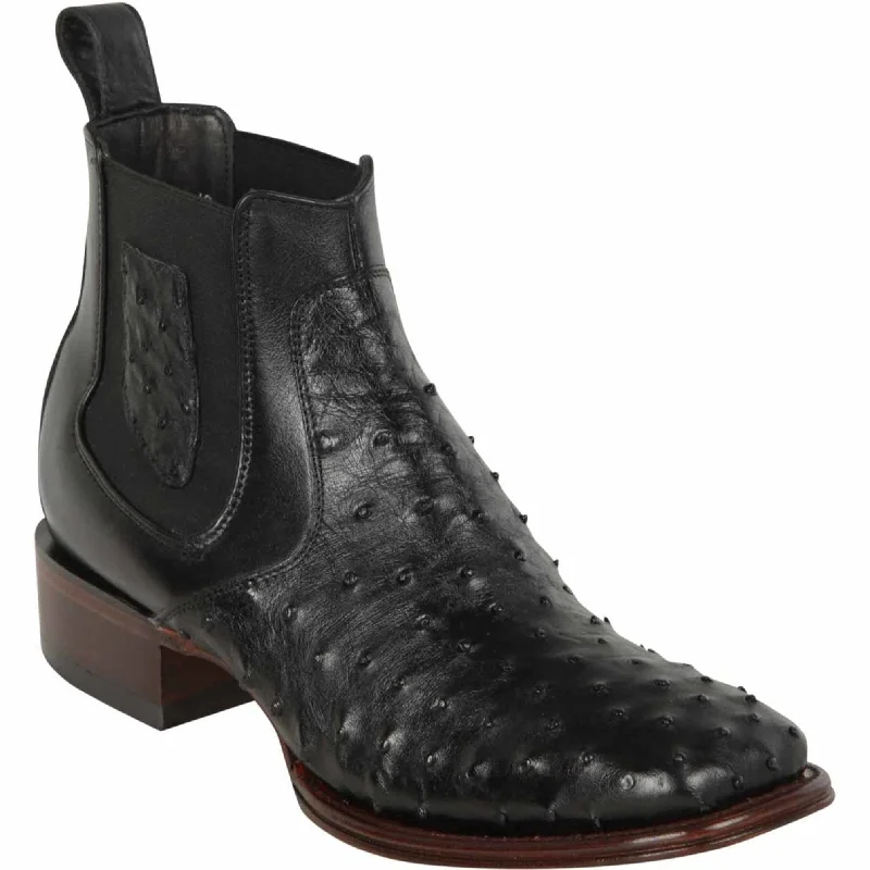 Zip - up men's ankle boots for easy on and offMens Short Black Ostrich Leather Boots Square Toe