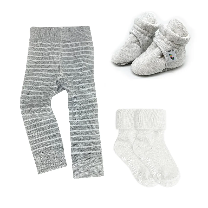 Men's memory foam insole booties for all - day wearNewborn Stay-on Bootie Bundle - Booties + Leggings + Stay-on Socks - Grey