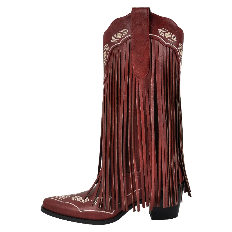 Men's cowboy boots with a decorative inlayPointed Toe Fringe Embroidery Knee High Western Boots