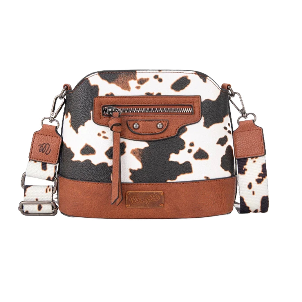 Men's western boots with a scalloped edge and a pull - on strapMontana West Wrangler Brown Cow Print Crossbody