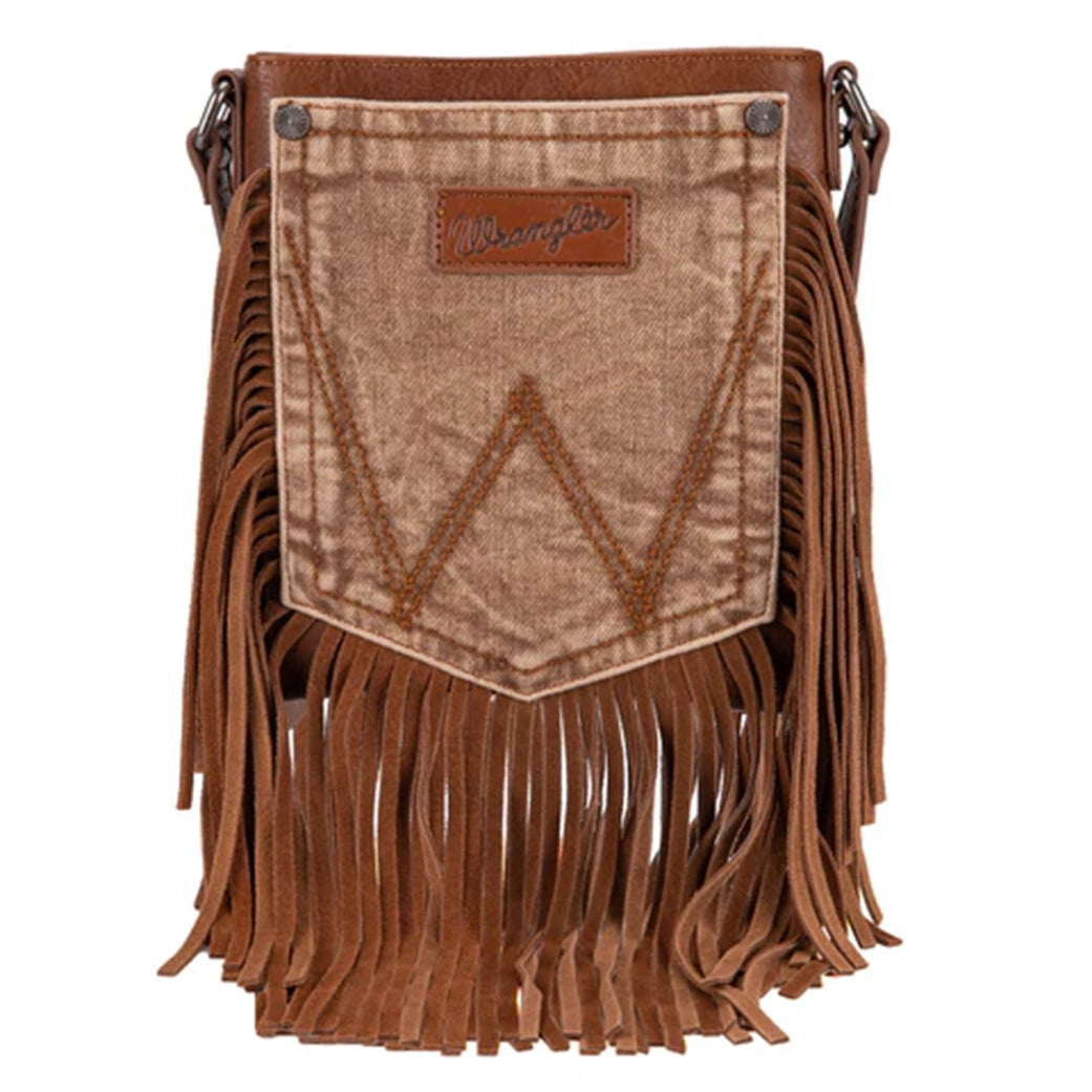 Men's western boots with a decorative concho belt and buckleMontana West Wrangler Light Brown Fringe Denim Pocket Crossbody