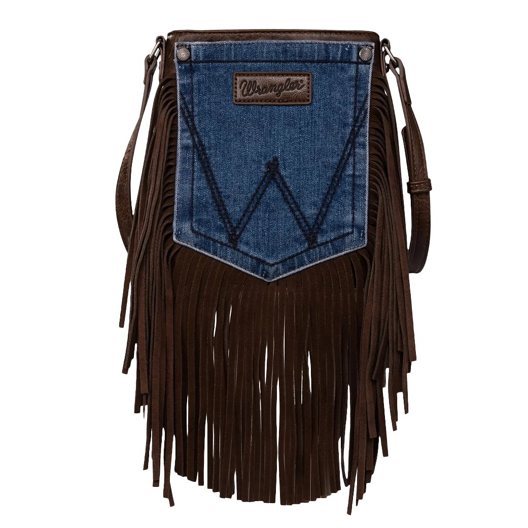 Men's genuine leather western boots with a snake - skin inlayMontana West Wrangler Chocolate Fringe Denim Pocket Crossbody