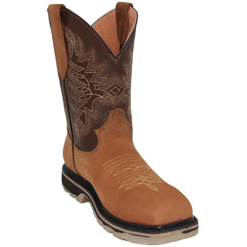 Men's western boots with a decorative inlay on the toe and heelMen’s Steel Toe Leather Work Boot