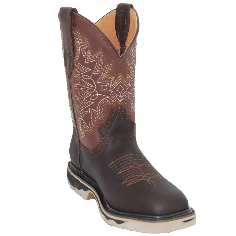 Men's western boots with a concho - studded strap and a pointed toeMen’s Leather Square Toe Western Work Boot