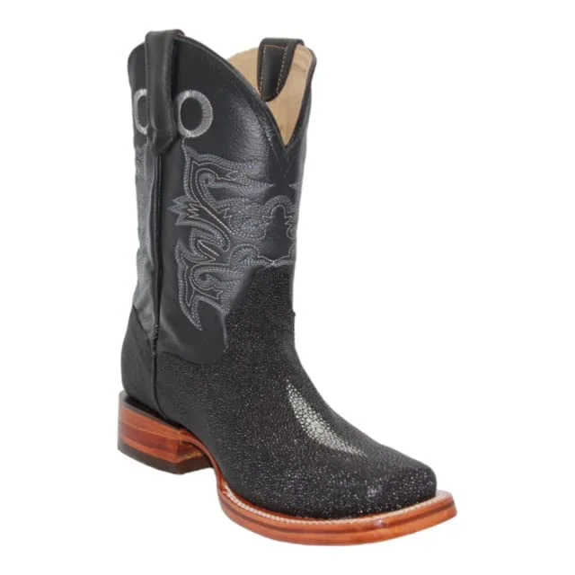 Men's western boots with a decorative inlay on the toe and heelMen’s Leather Stingray Print Square Toe Black Cowboy Western Boot