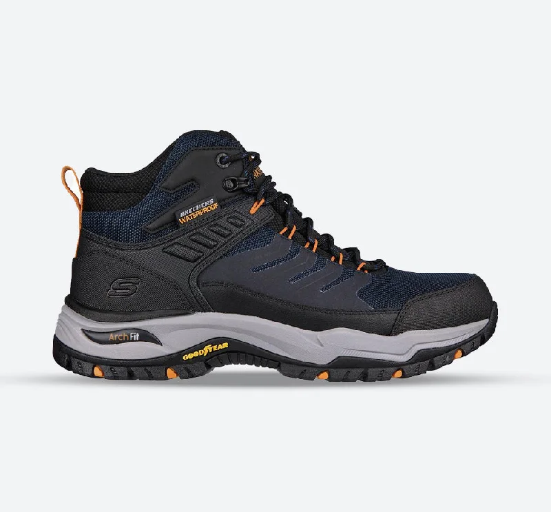 Men's hiking boots with a Vibram sole for tractionMen's Wide Fit Skechers 204634 Arch Relaxed Fit Dawson Raveno Good Year Hiking Boots - Navy/Black