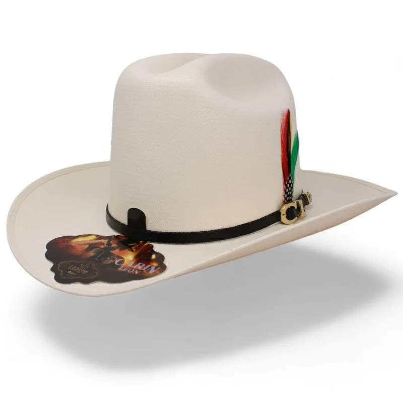 Men's western boots with a decorative inlay on the toe and heelOfficial Carin Leon 100X Cowboy Straw Hat with Feathers