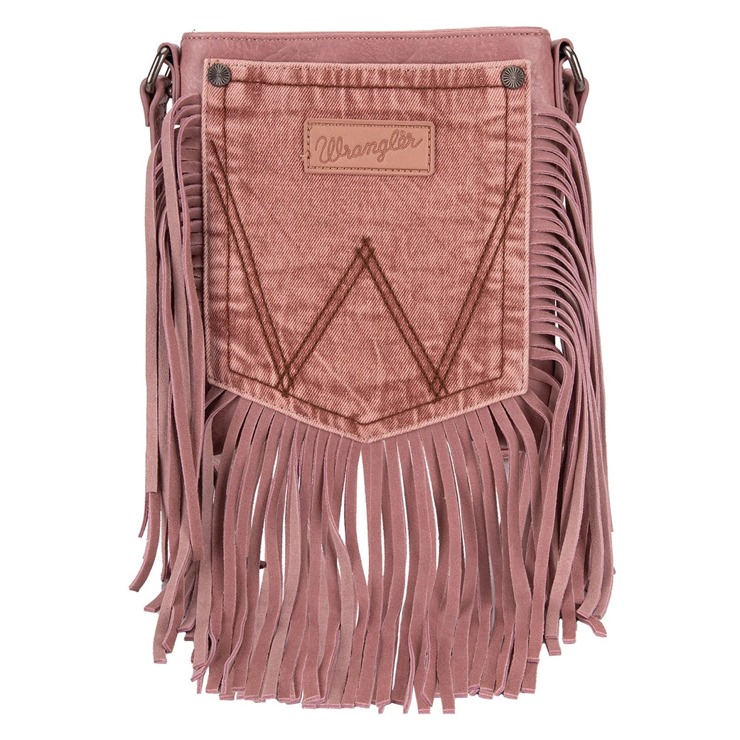 Men's western boots with a decorative inlay on the toe and heelMontana West Wrangler Pink Fringe Denim Pocket Crossbody