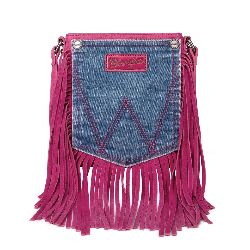 Men's western boots with a concho - studded strap and a pointed toeMontana West Wrangler Pink Fringe Denim Pocket Crossbody