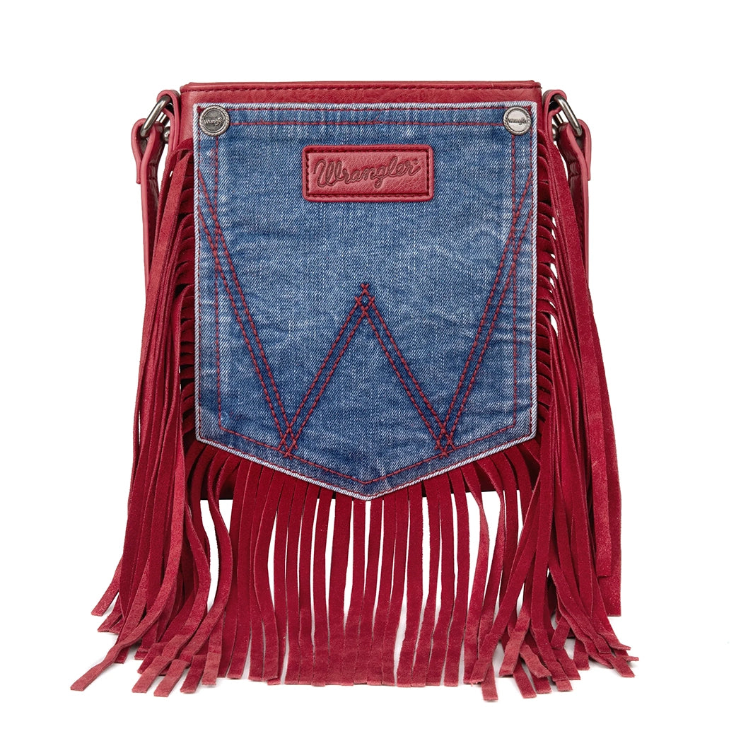 Men's western boots in a rich brown or black leatherMontana West Wrangler Red Fringe Denim Pocket Crossbody