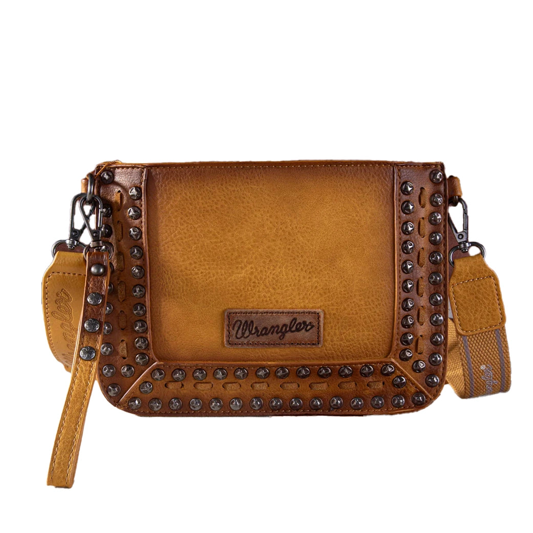 Men's western boots with a concho - studded strap and a pointed toeMontana West Wrangler Yellow Rivet Studded Crossbody Wristlet