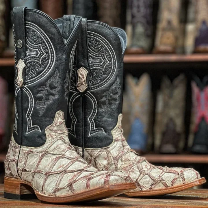 Men's western boots with a tooled leather design on the shaftTanner Mark Men's Genuine Monster Fish Square Toe Boots Winterwhite TMX201312