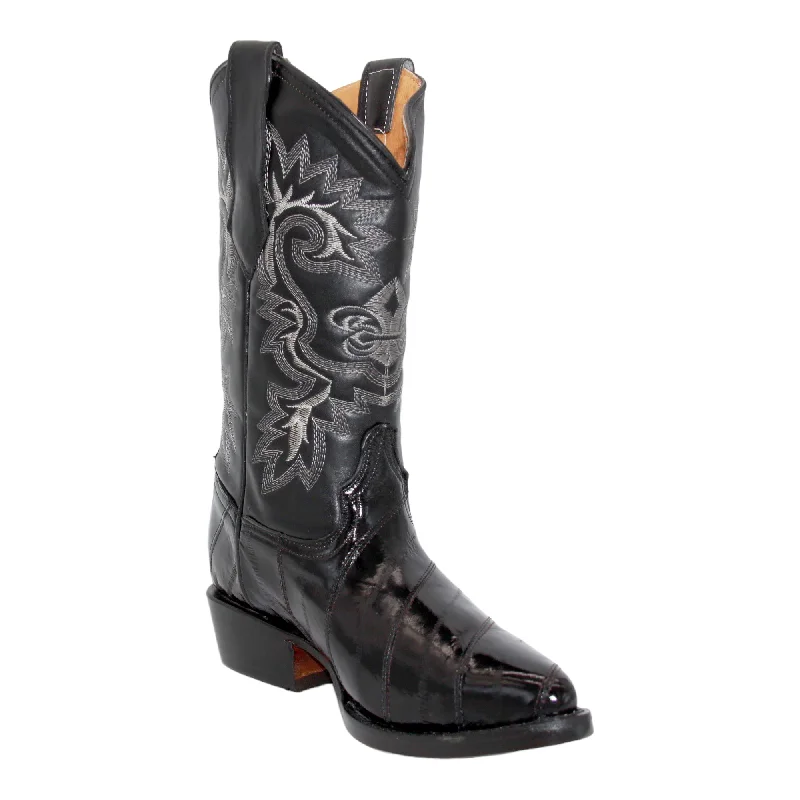 Men's western boots with a leather - wrapped heel and a smooth finishMen's Genuine EEL Skin J Toe Leather Cowboy Boots