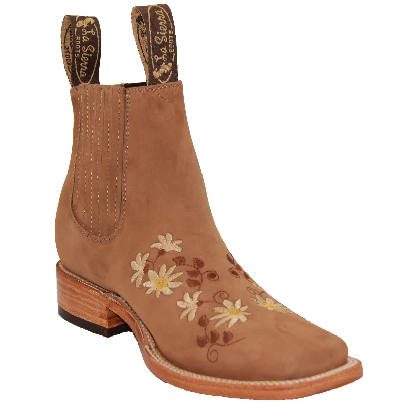 Men's western boots with a scalloped edge and a pull - on strapWomen’s Short Ankle Leather Boot Low Heel Floral Detail