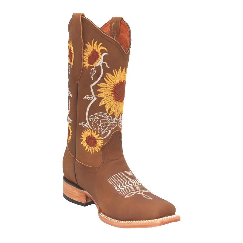 Men's western boots with a silver - toned hardware and accentsWomen’s Wild Sunflower Embroidered Square Toe Leather Cowgirl Boot