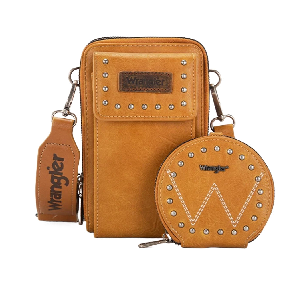 Men's western boots with a leather - wrapped heel and a smooth finishMontana West Wrangler Yellow Cell Phone Crossbody with Coin Pouch